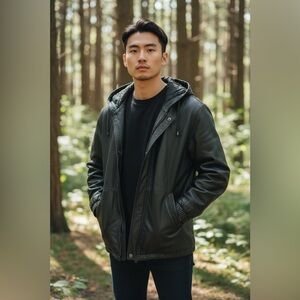 90s MIDDLEBROOK PARK HOODED BLACK LEATHER JACKET OVERSIZED GOTH ROCKABILLY SZ L